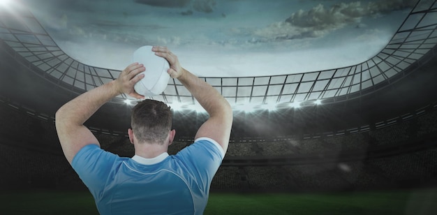 Zusammengesetztes Bild des Rugbyspielers, der den Ball 3D wirft