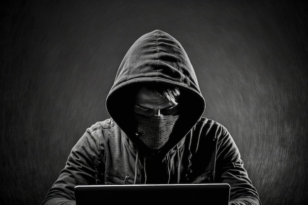 Zusammengesetztes Bild eines Hackers mit Sturmhaube, der einen Laptop hackt