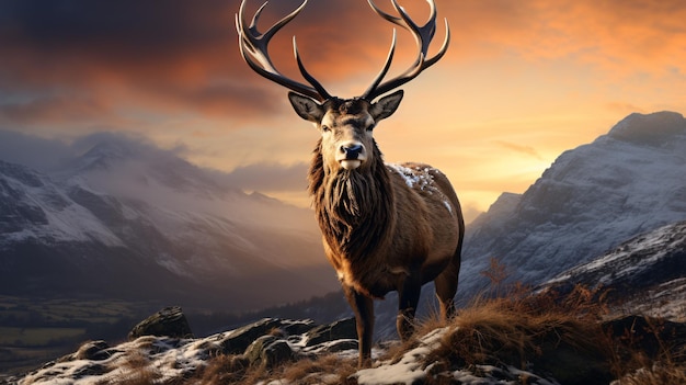 Zusammengesetztes Bild eines majestätischen Rotwildbocks im herrlichen Alpenglanz, der die Gipfelgipfel im schottischen Hochland bei atemberaubender Morgendämmerung der Winterlandschaft beeindruckt