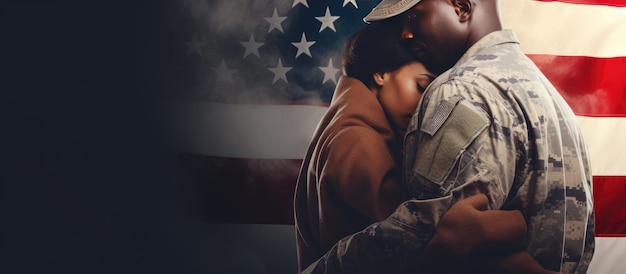 Foto zusammengesetztes foto des mittelteils eines afroamerikanischen soldaten mit seiner frau, die den veteranentag feiert und ihre dankbarkeit für den dienst zum ausdruck bringt. mit liebe zum zuhause konzipiert
