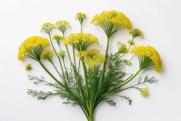 Zusammensetzung aus blühenden Regenschirmblumen von Dill auf weißem Hintergrund Top View Flat Lay Kreatives Layout Schöne Blumenarrangement