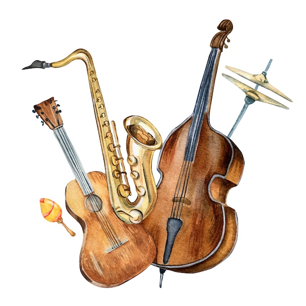 Zusammensetzung der aquarellillustration der gitarrensaxophon-kontrabass-musikinstrumente lokalisiert