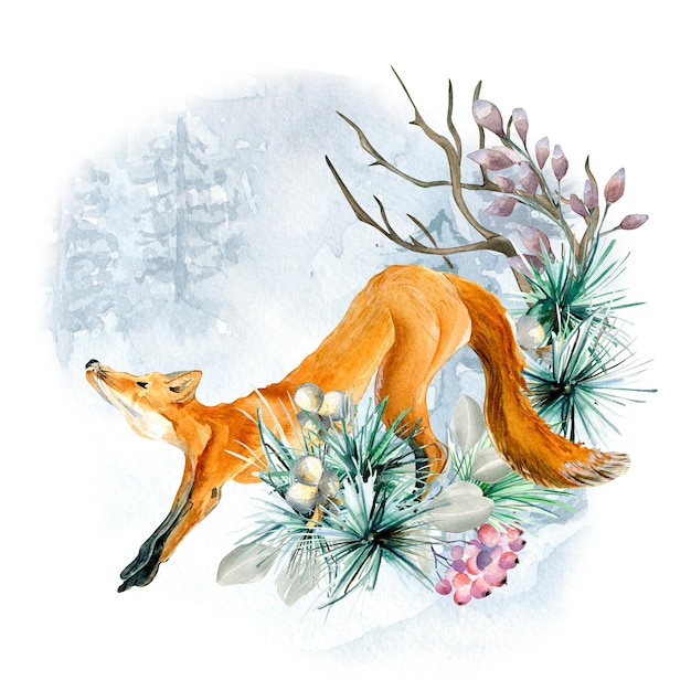 Zusammensetzung der Fuchs- und Winterwaldaquarellillustration lokalisiert auf Weiß