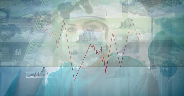 Zusammensetzung der medizinischen Statistik von Covid 19 über Chirurgen in Gesichtsmasken im Hintergrund