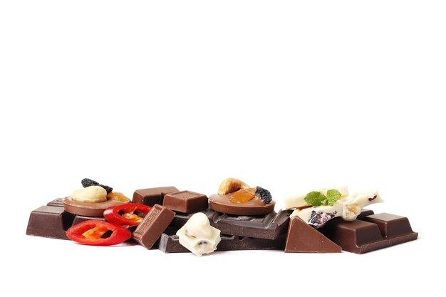 Zusammensetzung der verschiedenen Schokoladen getrennt auf einem weißen Hintergrund.