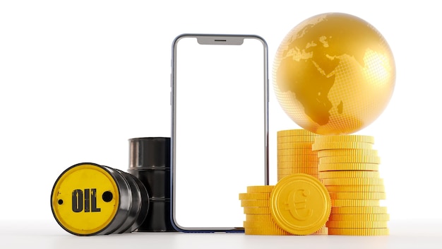 Zusammensetzung eines Ölfasses mit Euromünzen, Goldkugel und Smartphone 3D-Rendering
