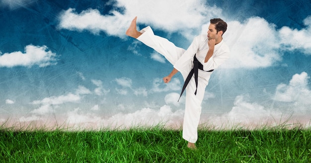 Zusammensetzung eines männlichen Kampfkarate-Künstlers mit schwarzem Gürtel, der auf Gras mit Kopienraum übt
