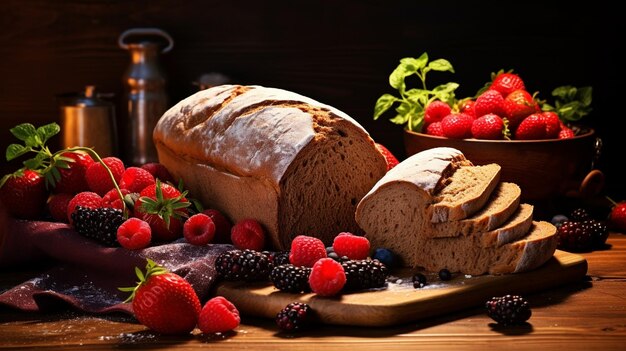 Zusammensetzung mit leckerem Brot und Beeren auf einem Holztisch