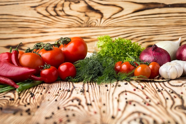 Zusammensetzung mit verschiedenem rohem Bio-Gemüse wie Tomaten Paprika Kräuter Zwiebeln und Knoblauch Detox-Diät