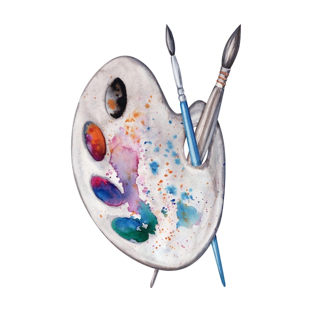 Zusammensetzung oder Logo mit zwei Pinsel und Künstlerpalette Aquarell-Illustration isoliert