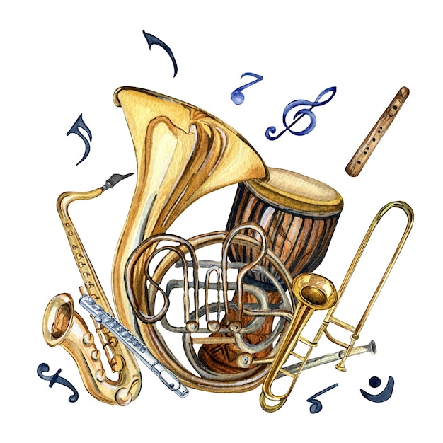 Zusammensetzung von Blasmusikinstrumenten und Symbolaquarellillustration lokalisiert