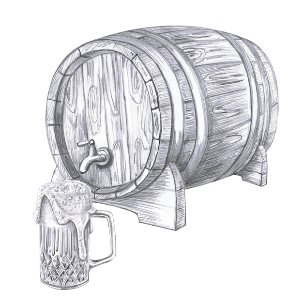 Zusammensetzung von Eichenfass und Becher mit schaumigem Bier, isolierte Bleistiftillustration im realistischen Stil