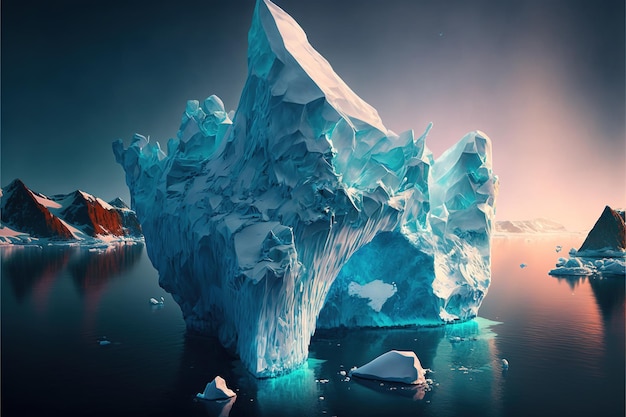 Zusammensetzung von Eisbergen, die sich im Meer über dem Himmel spiegeln und mit generativer KI-Technologie erstellt wurden