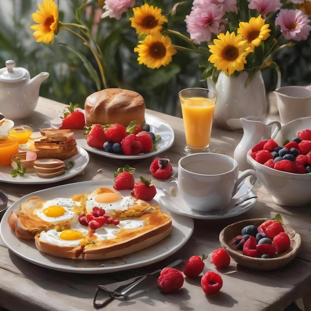 Zusammensetzung von Frühstück mit Blumen