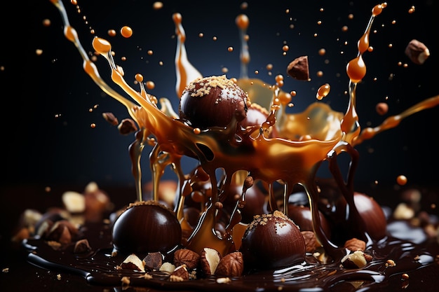 Zusammensetzung von Schokolade mit Nüssen, Karamell und Milch Schönes Schokoladen-Dessert Generative KI