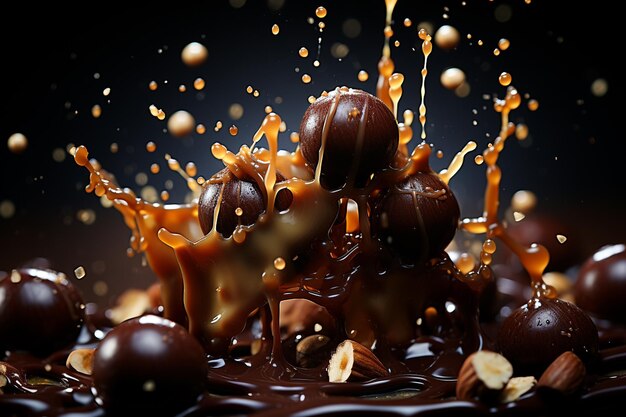 Zusammensetzung von Schokolade mit Nüssen, Karamell und Milch Schönes Schokoladen-Dessert Generative KI