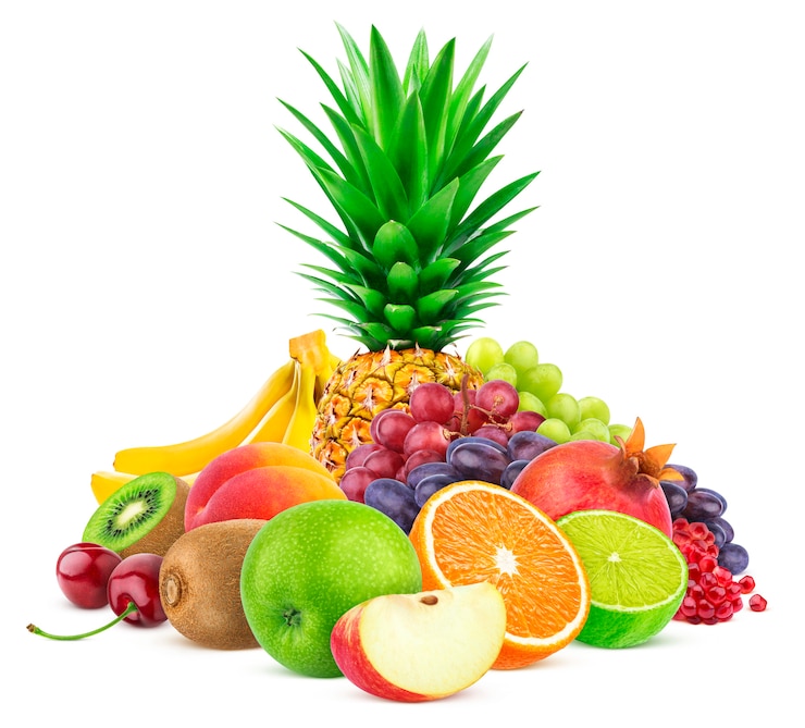 Foto zusammenstellung der exotischen früchte getrennt auf weiß