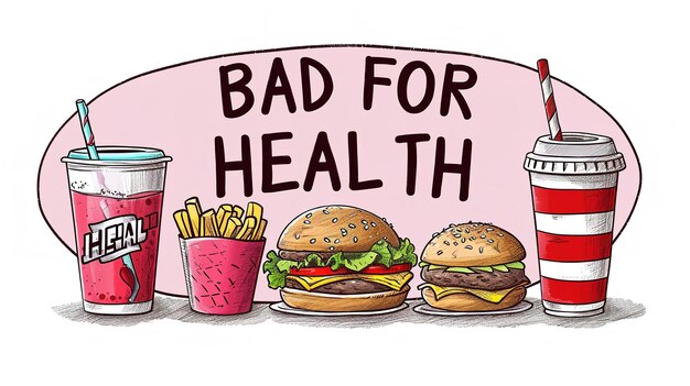 Zusammenstellung von Fast-Food-Bannern mit dem Satz Bad for Health illustrative Kunst Generative KI