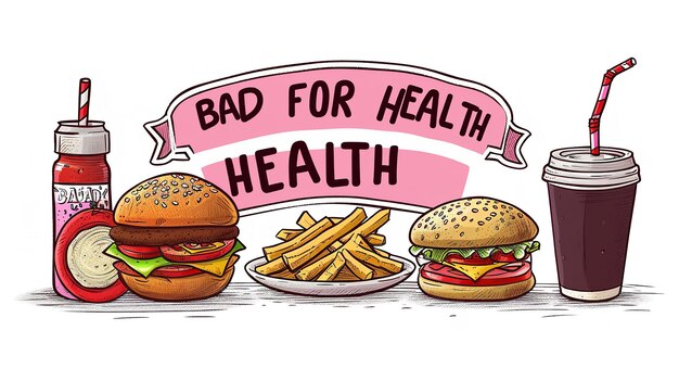 Zusammenstellung von Fast-Food-Bannern mit dem Satz Bad for Health illustrative Kunst Generative KI