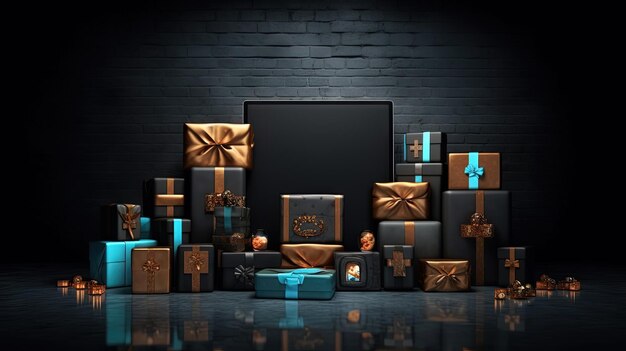 Zusammenstellung von Geschenkboxen mit Bändern für Weihnachtsverkaufsveranstaltungen. Generierte KI