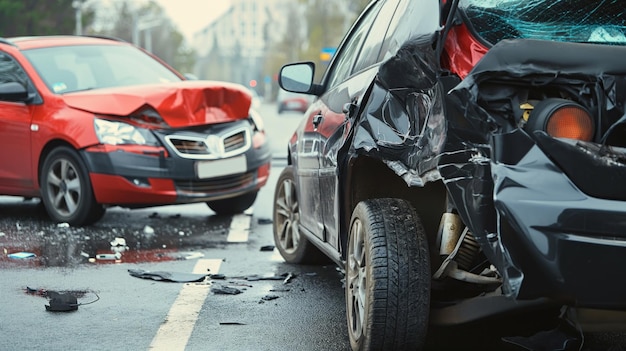 Zusammenstoß zweier Autos, Unfallschaden an einem Fahrzeug, Geschwindigkeitsüberschreitung auf der Straße, Unfallauto unter Alkoholeinfluss