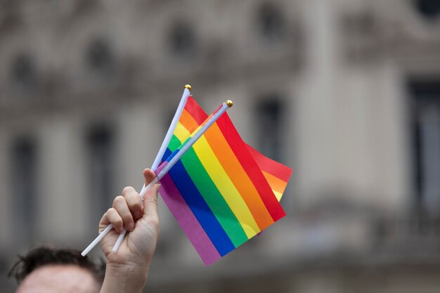 Zuschauer schwenken eine schwule Regenbogenfahne bei einer LGBT-Gay-Pride-Community-Veranstaltung