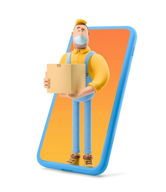 Zusteller in medizinischer Maske und gelber Uniform steht mit Fastfood und großem Telefon 3D-Illustration Zeichentrickfigur sicheres Online-Lieferkonzept