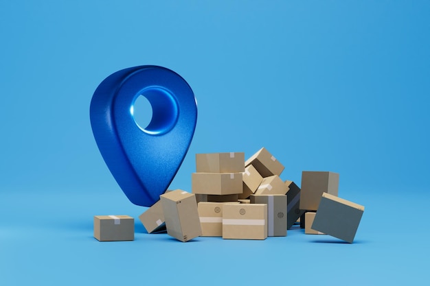 Zustellung von Paketen an den angegebenen Adresskartenzeiger und Kartons mit Paketen auf blauem Hintergrund