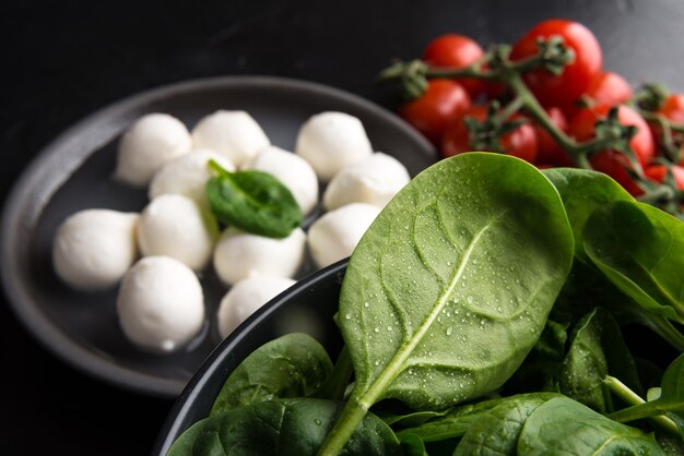 Zutaten für Caprese-Salat mit Mozzarella, Tomaten, Kirschen und Babyspinat.