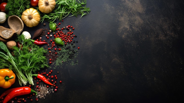 Zutaten zum Kochen Hintergrundnahrungsmittel mit Gewürzen Kräutern und Gemüse