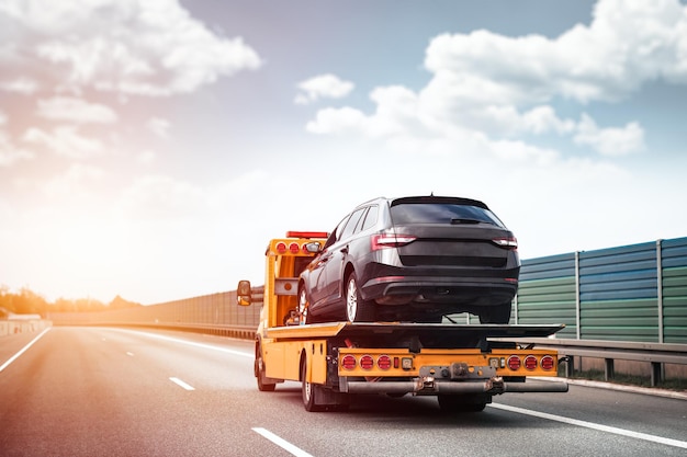 Zuverlässiger Abschlepp- und Bergungsdienst 247 Hilfe bei Fahrzeugpannen und Unfällen Notfall-Pannenhilfe auf der Autobahn Seitenansicht des Tieflader-Abschleppwagens mit einem beschädigten Fahrzeug