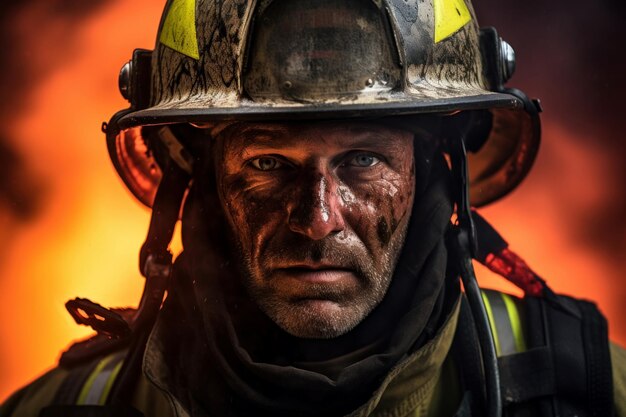 Foto zuverlässiger feuerwehrmann mit helm flammenrettung fiktive person erzeugen sie ai