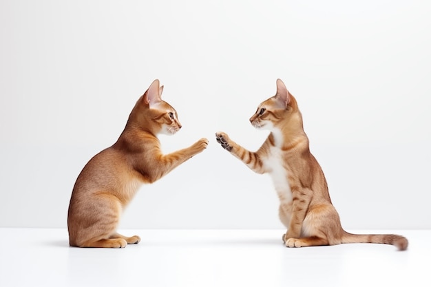 Zwei Abessiner-Rassenkatzen schauen sich gegenseitig an und miauen auf einem weißen Hintergrund.