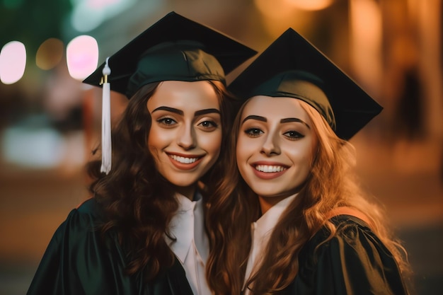 Zwei Absolventen in Abschlussmützen und Talaren posieren für ein Foto