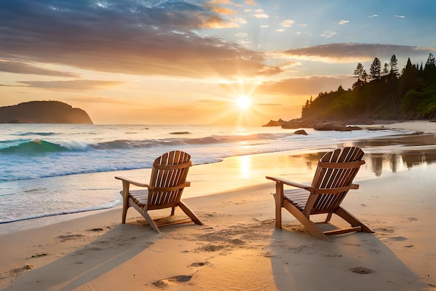 Zwei Adirondack-Stühle an einem Strand bei Sonnenuntergang