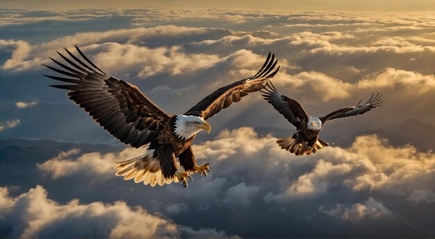 zwei Adler fliegen im Himmel mit Wolken im Hintergrund