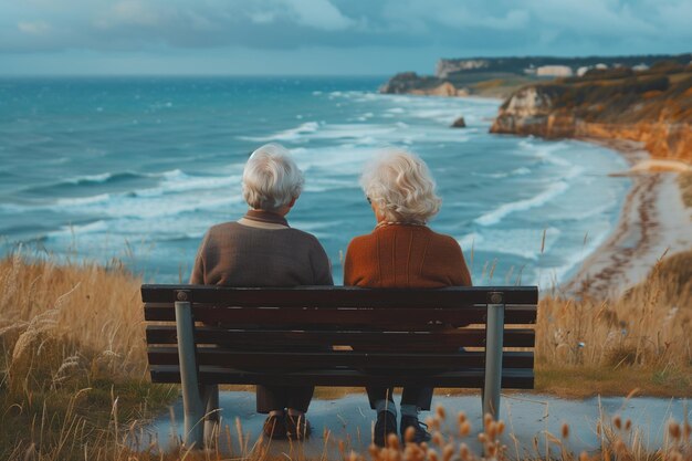 Foto zwei ältere frauen sitzen auf einer bank am meer und sehen die landschaft zurück