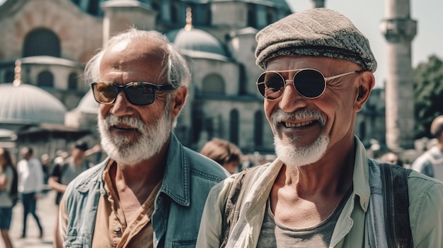 Zwei ältere Freunde in den Siebzigern genießen die Sommerferien in Istanbul, Türkei. Generative KI