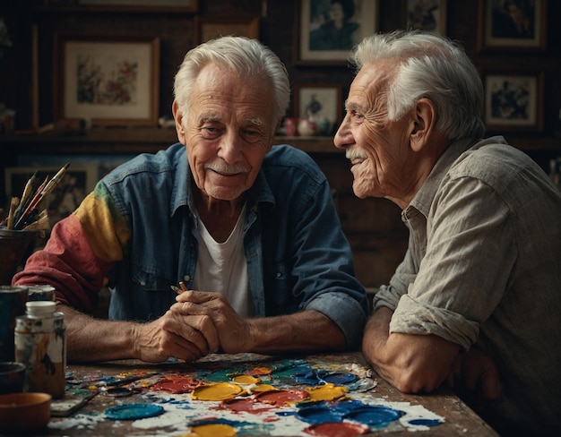 zwei ältere Männer sitzen an einem Tisch mit einem Rätsel, auf dem steht: