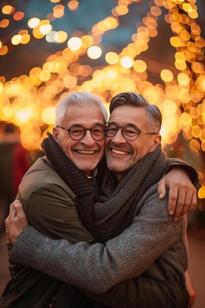 Zwei ältere Männer umarmen sich vor einem Weihnachtsbaum