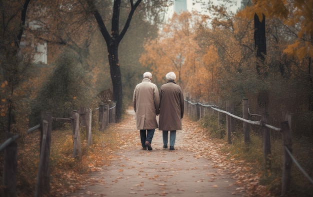 Zwei ältere Menschen gehen einen Weg in einem Parkkonzept der Liebe hinunter