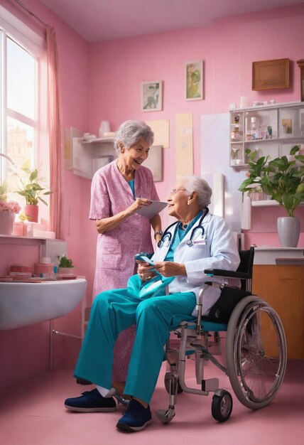 zwei ältere Menschen in einem rosa Zimmer, von denen einer ein Stethoskop auf der rechten Seite hat