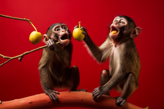 Foto zwei affen mit einem apfel auf dem kopf