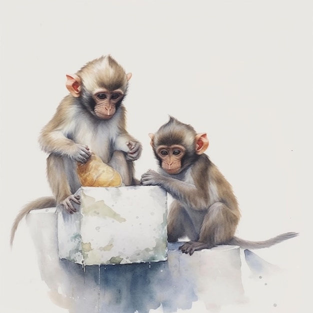 Zwei Affen sitzen auf einem Felsen und fressen etwas Erzeugnishaftes.