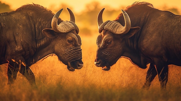 Zwei afrikanische Kapbüffel schließen ihre Hörner. Generative KI