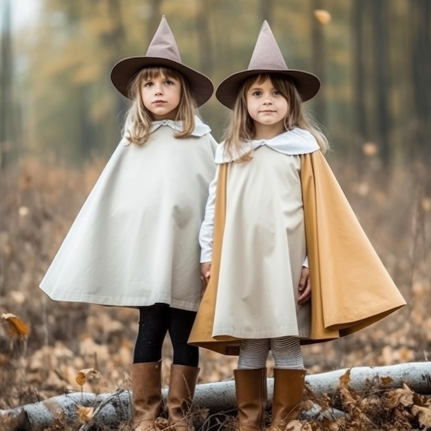 Zwei als Hexen verkleidete kleine Mädchen stehen mit Hüten in einem Wald.