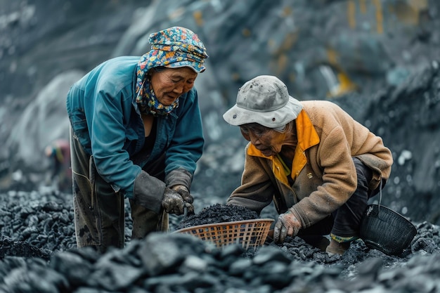 Zwei alte Frauen arbeiten zusammen und helfen sich gegenseitig in der Kohle-Mine