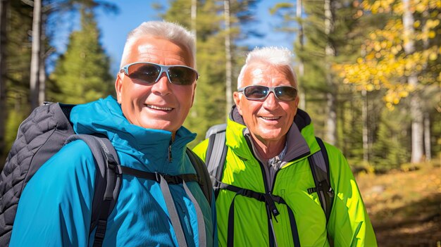 Zwei alte Freunde begeben sich auf ein Wanderabenteuer, deren Lächeln gegen den atemberaubenden Hintergrund der Natur strahlen.