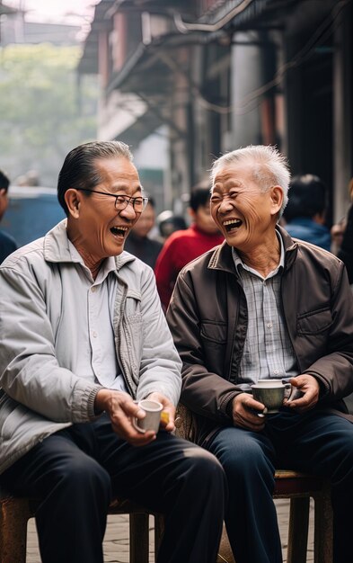 zwei alte Männer sitzen auf einer Bank und lachen