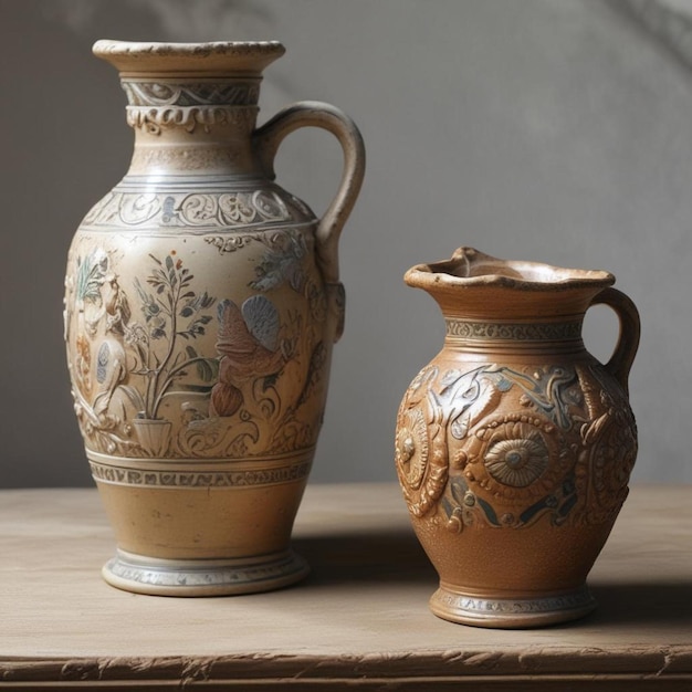 zwei alte Vasen stehen auf einem Tisch, von denen eine ein Design hat